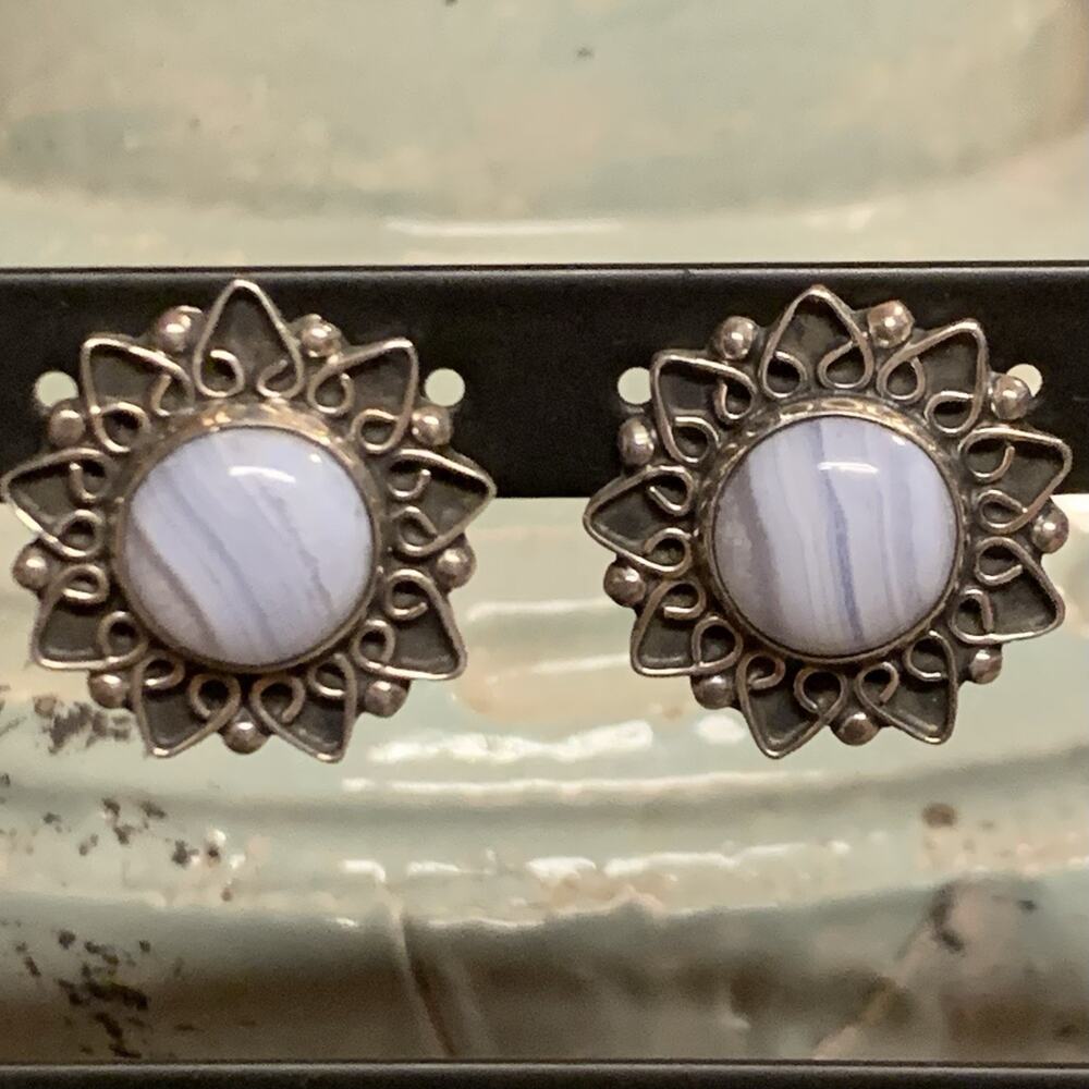 Blue Lace Agate & Sterling Silver Earrings by CII Made in Mexico Vintage